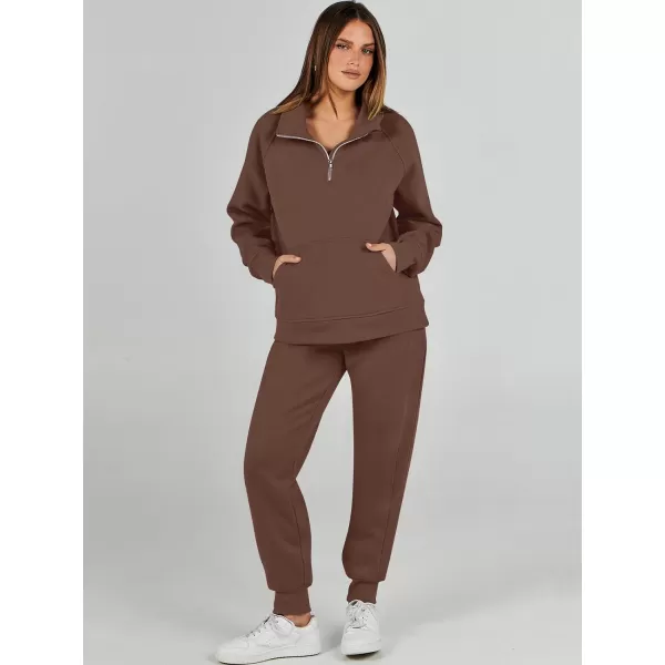 imageANRABESS Womens 2 Piece Outfits Sweatsuit Set Quarter Zip Long Sleeve Sweatshirt Jogger Sweatpants Tracksuit Lounge SetCoffee