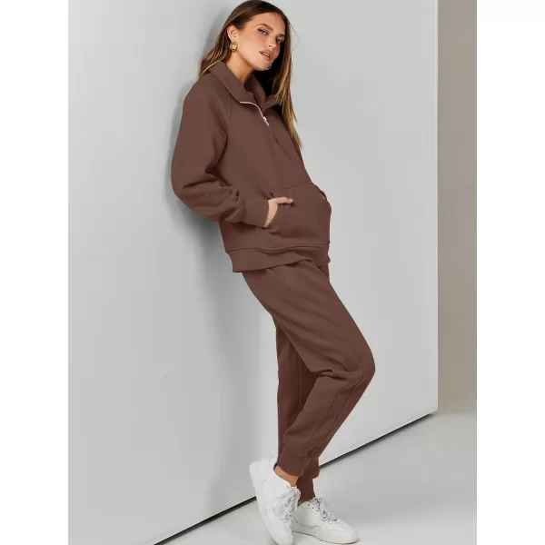 imageANRABESS Womens 2 Piece Outfits Sweatsuit Set Quarter Zip Long Sleeve Sweatshirt Jogger Sweatpants Tracksuit Lounge SetCoffee