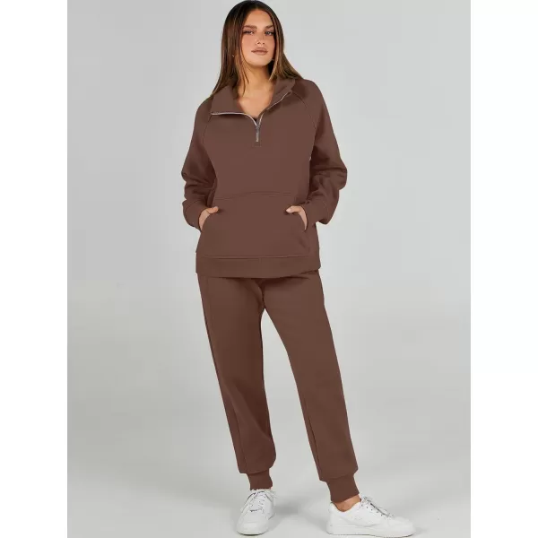 imageANRABESS Womens 2 Piece Outfits Sweatsuit Set Quarter Zip Long Sleeve Sweatshirt Jogger Sweatpants Tracksuit Lounge SetCoffee