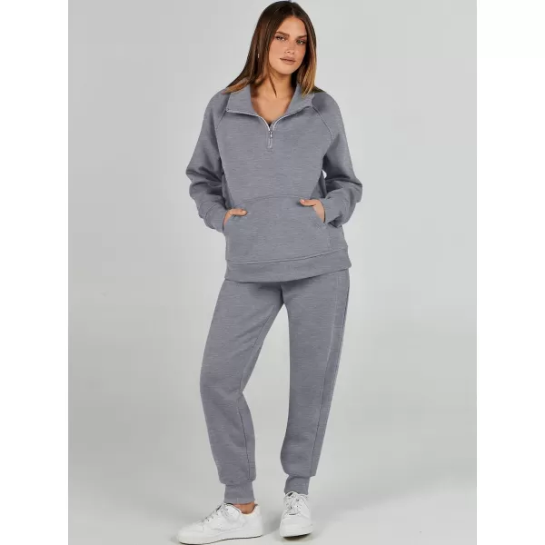 imageANRABESS Womens 2 Piece Outfits Sweatsuit Set Quarter Zip Long Sleeve Sweatshirt Jogger Sweatpants Tracksuit Lounge SetGrey
