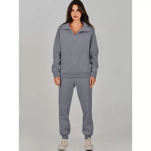 imageANRABESS Womens 2 Piece Outfits Sweatsuit Set Quarter Zip Long Sleeve Sweatshirt Jogger Sweatpants Tracksuit Lounge SetGrey