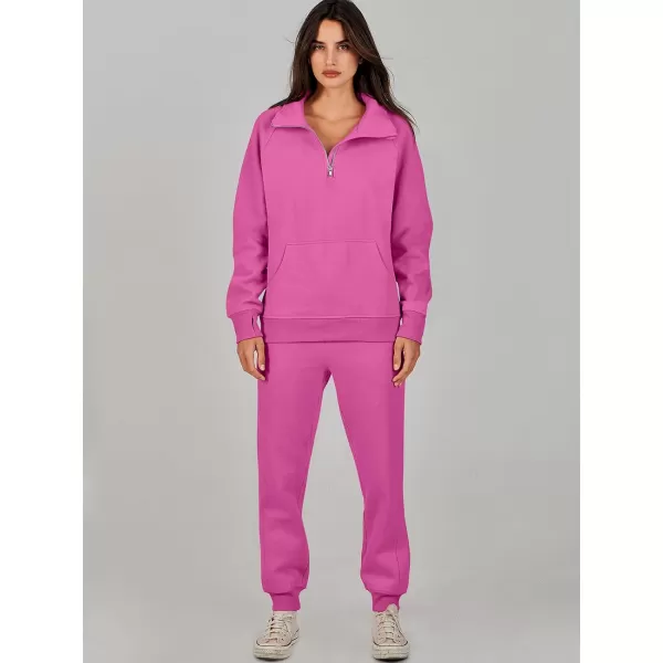 imageANRABESS Womens 2 Piece Outfits Sweatsuit Set Quarter Zip Long Sleeve Sweatshirt Jogger Sweatpants Tracksuit Lounge SetHot Pink