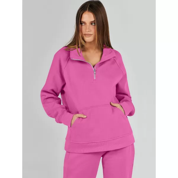 imageANRABESS Womens 2 Piece Outfits Sweatsuit Set Quarter Zip Long Sleeve Sweatshirt Jogger Sweatpants Tracksuit Lounge SetHot Pink