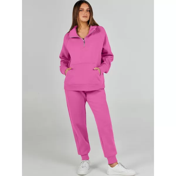 imageANRABESS Womens 2 Piece Outfits Sweatsuit Set Quarter Zip Long Sleeve Sweatshirt Jogger Sweatpants Tracksuit Lounge SetHot Pink