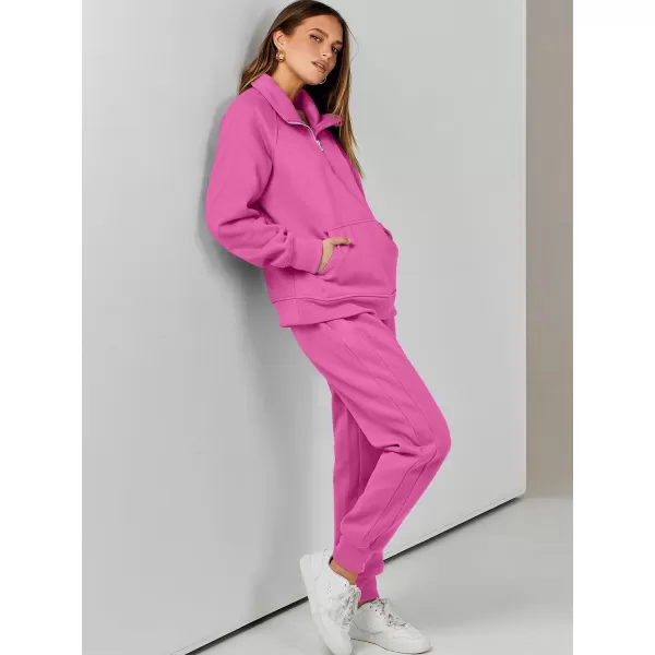 imageANRABESS Womens 2 Piece Outfits Sweatsuit Set Quarter Zip Long Sleeve Sweatshirt Jogger Sweatpants Tracksuit Lounge SetHot Pink