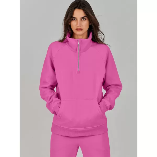 imageANRABESS Womens 2 Piece Outfits Sweatsuit Set Quarter Zip Long Sleeve Sweatshirt Jogger Sweatpants Tracksuit Lounge SetHot Pink