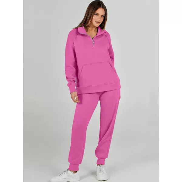 imageANRABESS Womens 2 Piece Outfits Sweatsuit Set Quarter Zip Long Sleeve Sweatshirt Jogger Sweatpants Tracksuit Lounge SetHot Pink