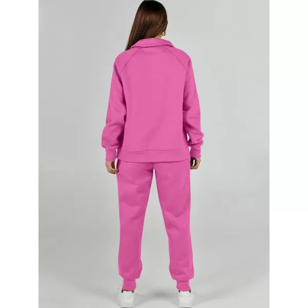 imageANRABESS Womens 2 Piece Outfits Sweatsuit Set Quarter Zip Long Sleeve Sweatshirt Jogger Sweatpants Tracksuit Lounge SetHot Pink