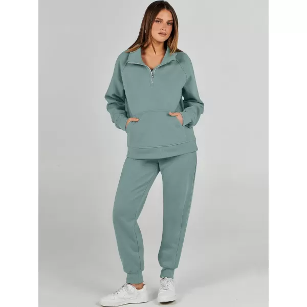 imageANRABESS Womens 2 Piece Outfits Sweatsuit Set Quarter Zip Long Sleeve Sweatshirt Jogger Sweatpants Tracksuit Lounge SetLake
