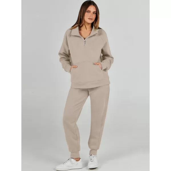 imageANRABESS Womens 2 Piece Outfits Sweatsuit Set Quarter Zip Long Sleeve Sweatshirt Jogger Sweatpants Tracksuit Lounge SetLight Brown