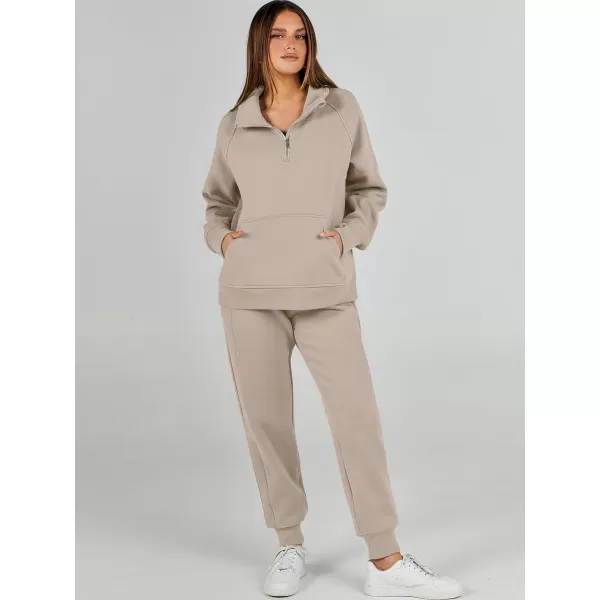 imageANRABESS Womens 2 Piece Outfits Sweatsuit Set Quarter Zip Long Sleeve Sweatshirt Jogger Sweatpants Tracksuit Lounge SetLight Brown