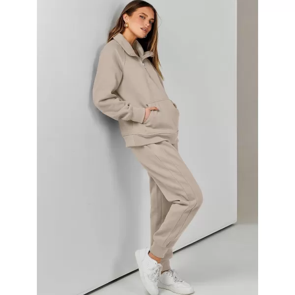 imageANRABESS Womens 2 Piece Outfits Sweatsuit Set Quarter Zip Long Sleeve Sweatshirt Jogger Sweatpants Tracksuit Lounge SetLight Brown