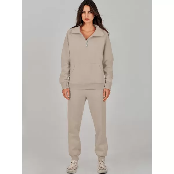 imageANRABESS Womens 2 Piece Outfits Sweatsuit Set Quarter Zip Long Sleeve Sweatshirt Jogger Sweatpants Tracksuit Lounge SetLight Brown