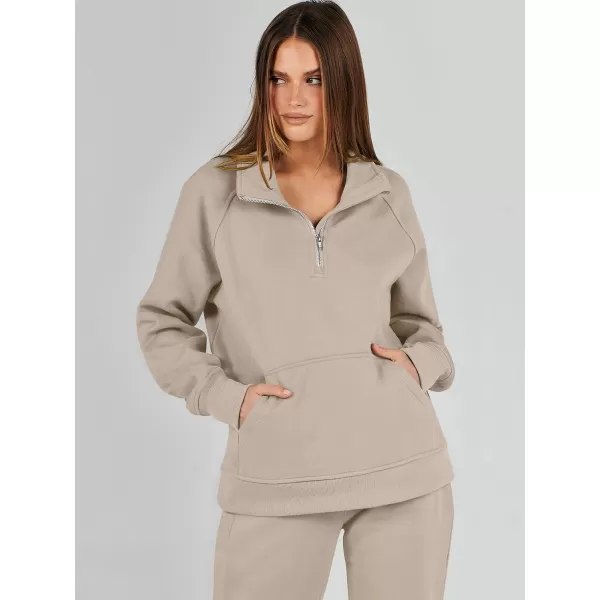 imageANRABESS Womens 2 Piece Outfits Sweatsuit Set Quarter Zip Long Sleeve Sweatshirt Jogger Sweatpants Tracksuit Lounge SetLight Brown