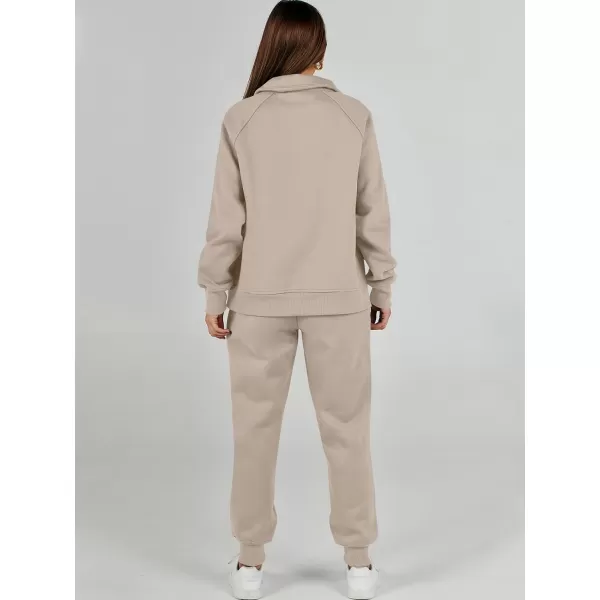 imageANRABESS Womens 2 Piece Outfits Sweatsuit Set Quarter Zip Long Sleeve Sweatshirt Jogger Sweatpants Tracksuit Lounge SetLight Brown