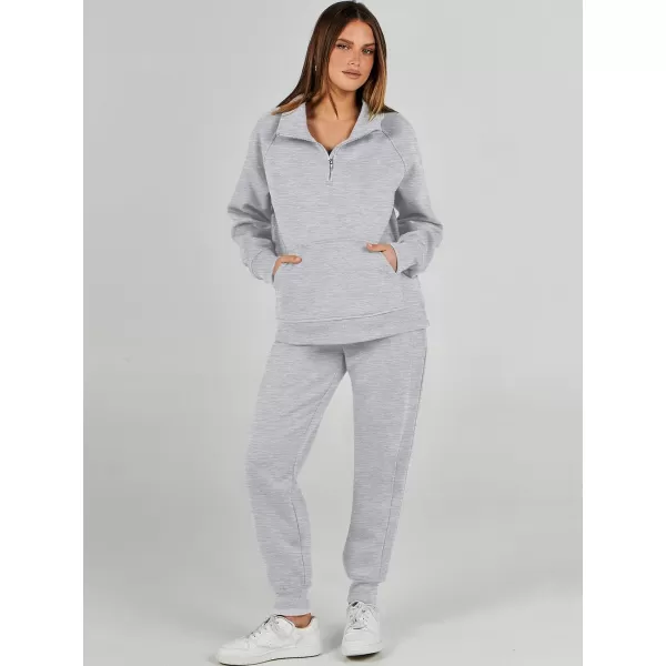 imageANRABESS Womens 2 Piece Outfits Sweatsuit Set Quarter Zip Long Sleeve Sweatshirt Jogger Sweatpants Tracksuit Lounge SetLight Grey