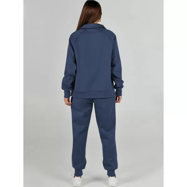 imageANRABESS Womens 2 Piece Outfits Sweatsuit Set Quarter Zip Long Sleeve Sweatshirt Jogger Sweatpants Tracksuit Lounge SetNavy Blue