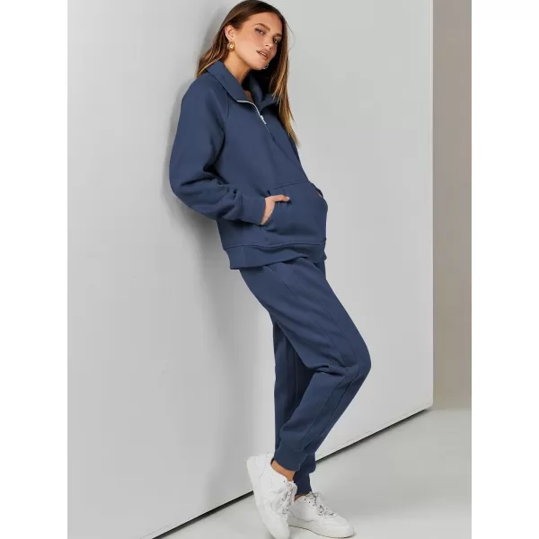 imageANRABESS Womens 2 Piece Outfits Sweatsuit Set Quarter Zip Long Sleeve Sweatshirt Jogger Sweatpants Tracksuit Lounge SetNavy Blue