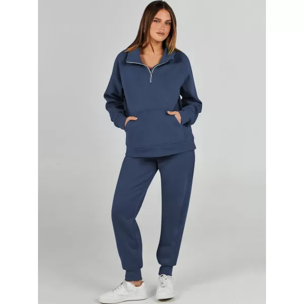 imageANRABESS Womens 2 Piece Outfits Sweatsuit Set Quarter Zip Long Sleeve Sweatshirt Jogger Sweatpants Tracksuit Lounge SetNavy Blue