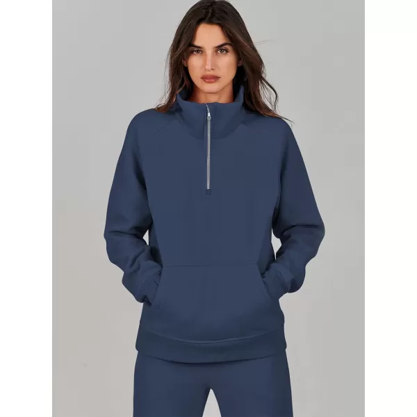 imageANRABESS Womens 2 Piece Outfits Sweatsuit Set Quarter Zip Long Sleeve Sweatshirt Jogger Sweatpants Tracksuit Lounge SetNavy Blue