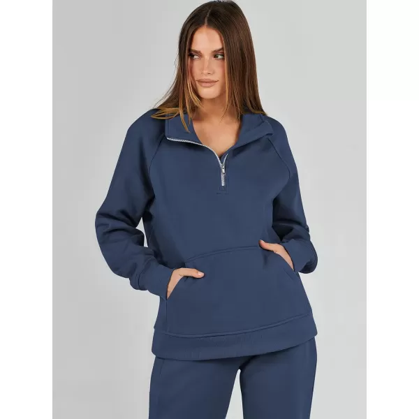 imageANRABESS Womens 2 Piece Outfits Sweatsuit Set Quarter Zip Long Sleeve Sweatshirt Jogger Sweatpants Tracksuit Lounge SetNavy Blue