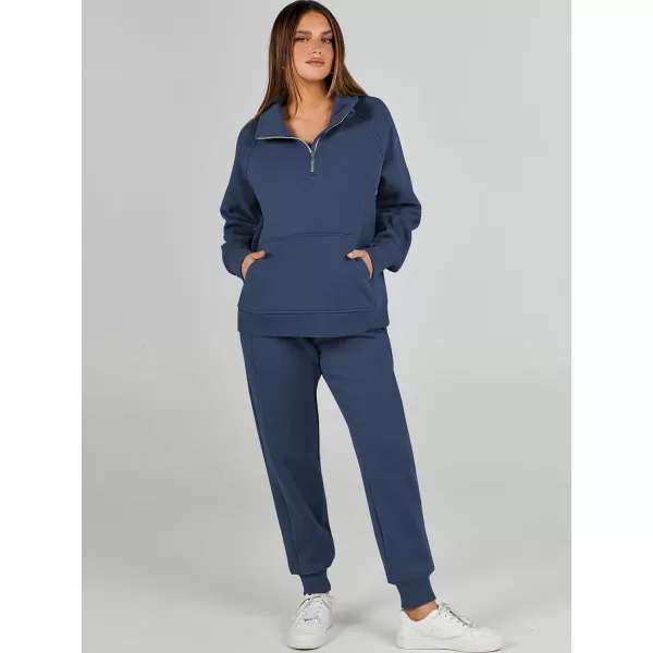 imageANRABESS Womens 2 Piece Outfits Sweatsuit Set Quarter Zip Long Sleeve Sweatshirt Jogger Sweatpants Tracksuit Lounge SetNavy Blue