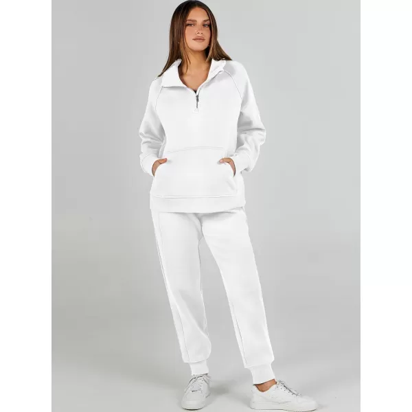 imageANRABESS Womens 2 Piece Outfits Sweatsuit Set Quarter Zip Long Sleeve Sweatshirt Jogger Sweatpants Tracksuit Lounge SetWhite