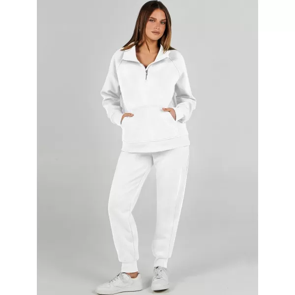 imageANRABESS Womens 2 Piece Outfits Sweatsuit Set Quarter Zip Long Sleeve Sweatshirt Jogger Sweatpants Tracksuit Lounge SetWhite