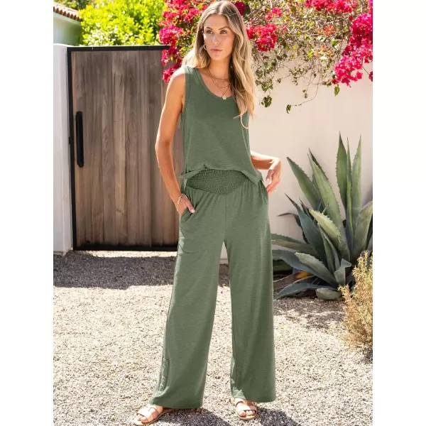imageANRABESS Womens 2 Piece Sets Summer Casual Sleeveless Tank Crop Top Smocked High Waist Wide Leg Pants Jumpsuits OutfitsArmy Green
