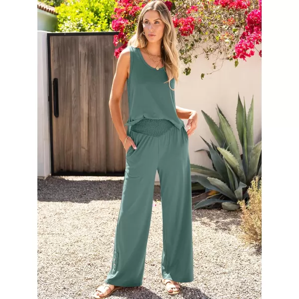 imageANRABESS Womens 2 Piece Sets Summer Casual Sleeveless Tank Crop Top Smocked High Waist Wide Leg Pants Jumpsuits OutfitsGreen