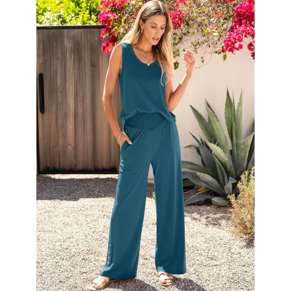 imageANRABESS Womens 2 Piece Sets Summer Casual Sleeveless Tank Crop Top Smocked High Waist Wide Leg Pants Jumpsuits OutfitsTeal Blue