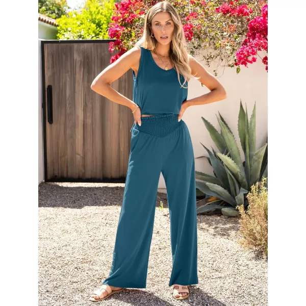 imageANRABESS Womens 2 Piece Sets Summer Casual Sleeveless Tank Crop Top Smocked High Waist Wide Leg Pants Jumpsuits OutfitsTeal Blue