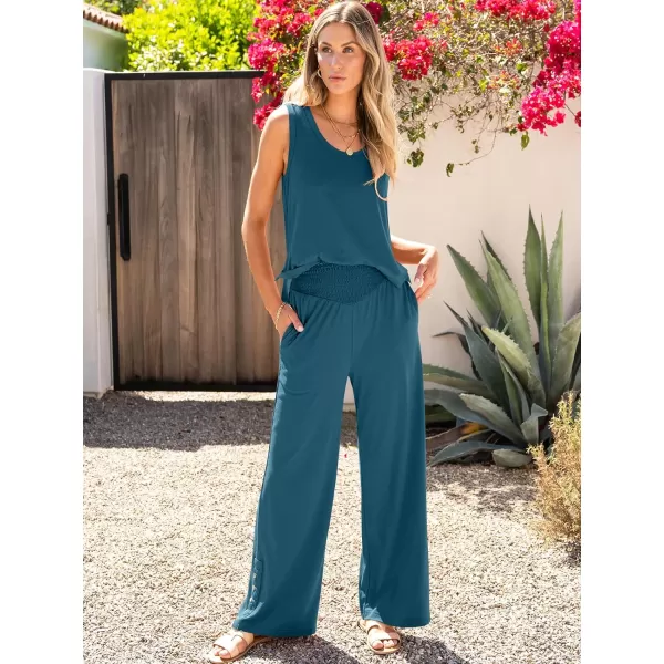 imageANRABESS Womens 2 Piece Sets Summer Casual Sleeveless Tank Crop Top Smocked High Waist Wide Leg Pants Jumpsuits OutfitsTeal Blue