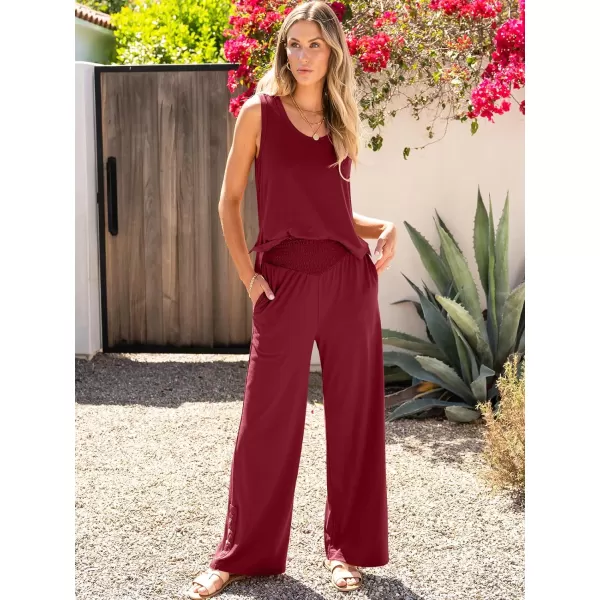 imageANRABESS Womens 2 Piece Sets Summer Casual Sleeveless Tank Crop Top Smocked High Waist Wide Leg Pants Jumpsuits OutfitsWine Red