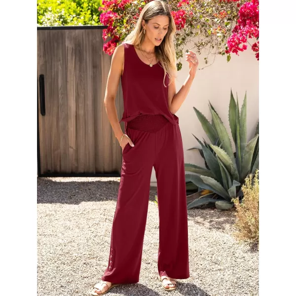 imageANRABESS Womens 2 Piece Sets Summer Casual Sleeveless Tank Crop Top Smocked High Waist Wide Leg Pants Jumpsuits OutfitsWine Red