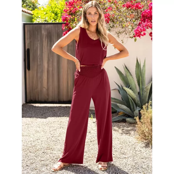 imageANRABESS Womens 2 Piece Sets Summer Casual Sleeveless Tank Crop Top Smocked High Waist Wide Leg Pants Jumpsuits OutfitsWine Red