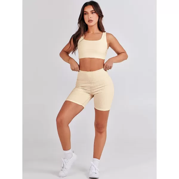 imageANRABESS Womens 2 Pieces Outfit Bodysuit Set Workout Sleeveless Crop Top Bodycon Yoga Leggings Gym Clothes Set TracksuitApricot