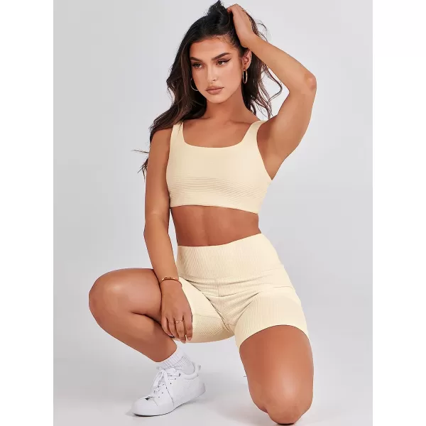 imageANRABESS Womens 2 Pieces Outfit Bodysuit Set Workout Sleeveless Crop Top Bodycon Yoga Leggings Gym Clothes Set TracksuitApricot