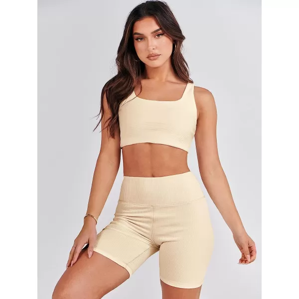imageANRABESS Womens 2 Pieces Outfit Bodysuit Set Workout Sleeveless Crop Top Bodycon Yoga Leggings Gym Clothes Set TracksuitApricot