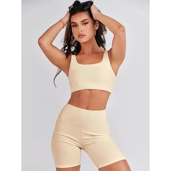 imageANRABESS Womens 2 Pieces Outfit Bodysuit Set Workout Sleeveless Crop Top Bodycon Yoga Leggings Gym Clothes Set TracksuitApricot