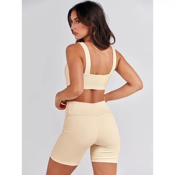 imageANRABESS Womens 2 Pieces Outfit Bodysuit Set Workout Sleeveless Crop Top Bodycon Yoga Leggings Gym Clothes Set TracksuitApricot
