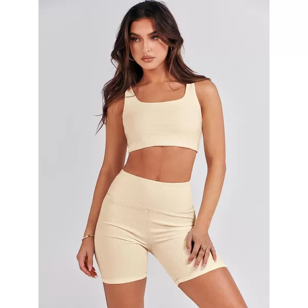 imageANRABESS Womens 2 Pieces Outfit Bodysuit Set Workout Sleeveless Crop Top Bodycon Yoga Leggings Gym Clothes Set TracksuitApricot
