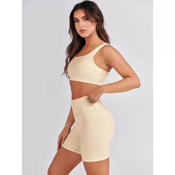 imageANRABESS Womens 2 Pieces Outfit Bodysuit Set Workout Sleeveless Crop Top Bodycon Yoga Leggings Gym Clothes Set TracksuitApricot