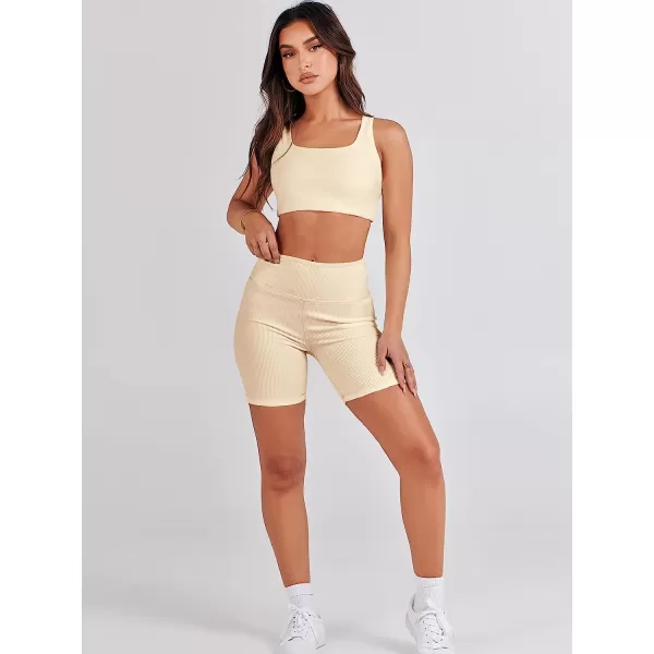 imageANRABESS Womens 2 Pieces Outfit Bodysuit Set Workout Sleeveless Crop Top Bodycon Yoga Leggings Gym Clothes Set TracksuitApricot