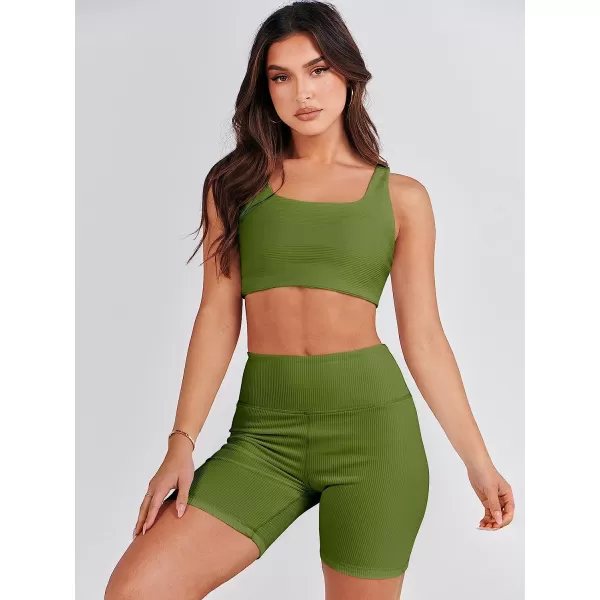 imageANRABESS Womens 2 Pieces Outfit Bodysuit Set Workout Sleeveless Crop Top Bodycon Yoga Leggings Gym Clothes Set TracksuitArmy Green