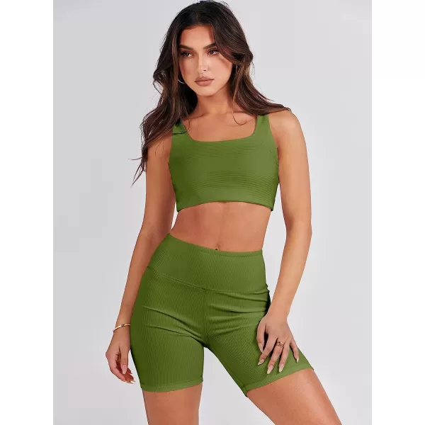 imageANRABESS Womens 2 Pieces Outfit Bodysuit Set Workout Sleeveless Crop Top Bodycon Yoga Leggings Gym Clothes Set TracksuitArmy Green