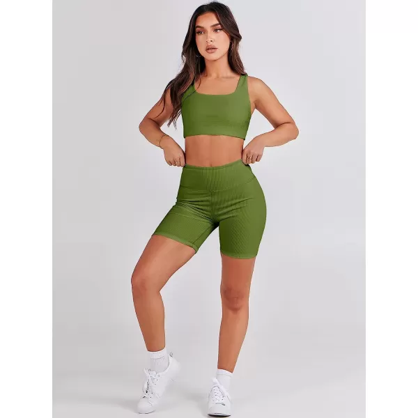 imageANRABESS Womens 2 Pieces Outfit Bodysuit Set Workout Sleeveless Crop Top Bodycon Yoga Leggings Gym Clothes Set TracksuitArmy Green