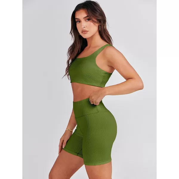 imageANRABESS Womens 2 Pieces Outfit Bodysuit Set Workout Sleeveless Crop Top Bodycon Yoga Leggings Gym Clothes Set TracksuitArmy Green