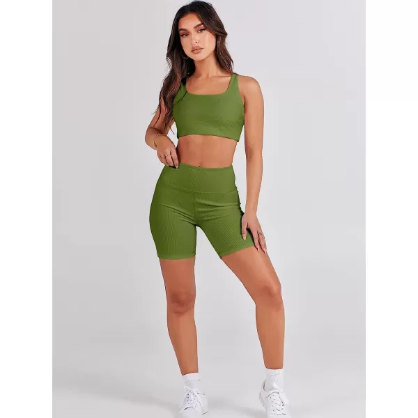 imageANRABESS Womens 2 Pieces Outfit Bodysuit Set Workout Sleeveless Crop Top Bodycon Yoga Leggings Gym Clothes Set TracksuitArmy Green