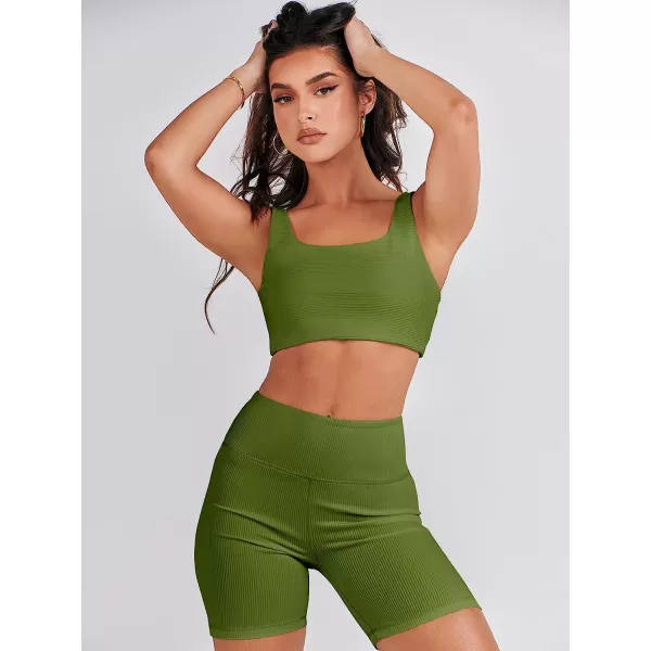 imageANRABESS Womens 2 Pieces Outfit Bodysuit Set Workout Sleeveless Crop Top Bodycon Yoga Leggings Gym Clothes Set TracksuitArmy Green